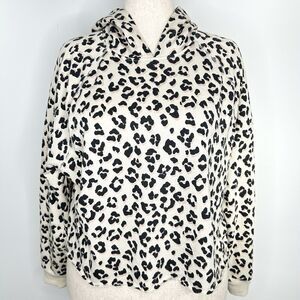 Lucky Brand Hoodie Women M Cream Cropped Leopard Preppy Academia Casual Raw Hem
